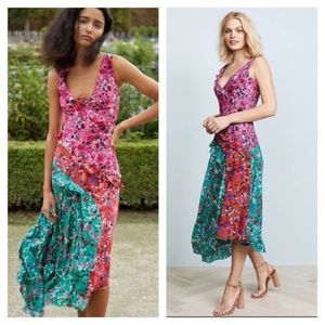 NEW SALONI Aggie SILK Ruffled Midi Dress Floral Turquoise Blue/Pink 4